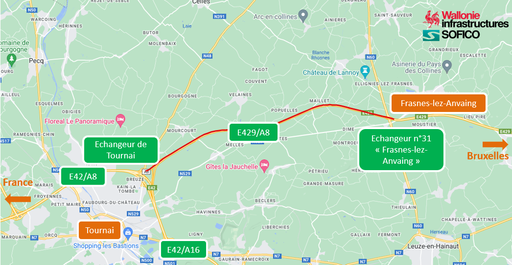 nouveau chantier sur l'E429/A8 entre Frasnes-lez-Anvaing et Tournai